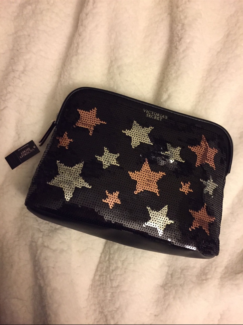 Victoria's Secret Black Sequin Star Makeup Pouch with Metallic Accents
